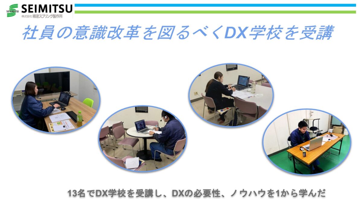社員の意識改革を図るべくDX学校を受講 13名でDX学校を受講し、DXの必要性、ノウハウを1から学んだ